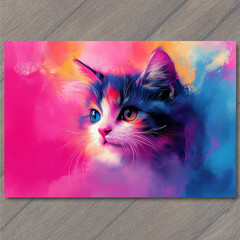 STICKER Rainbow Kitten Blue Gold Eyes Pink Orange Neon Glow Whiskers Bright Po