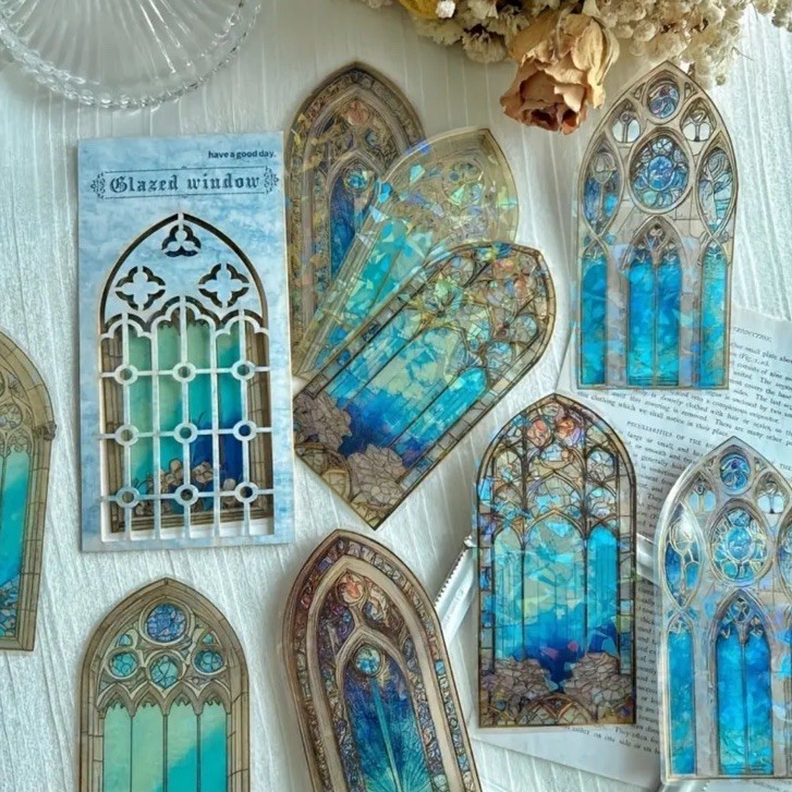 10PC XL P.E.T. Stained Glass Church Window Stickers Blue Gardenias-DIY Crafts