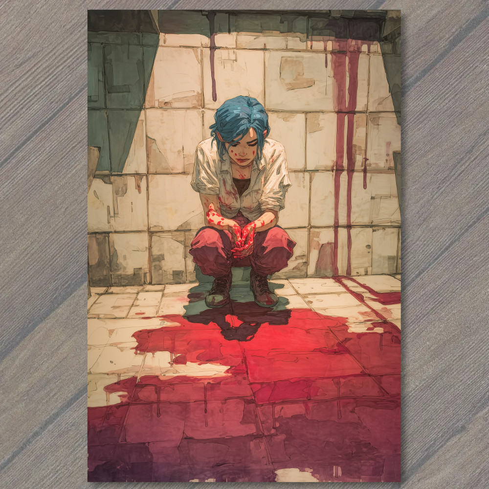 STICKER Blue Hair Girl Crouching Bloody Floor Grimy Walls Red Hands Shadows