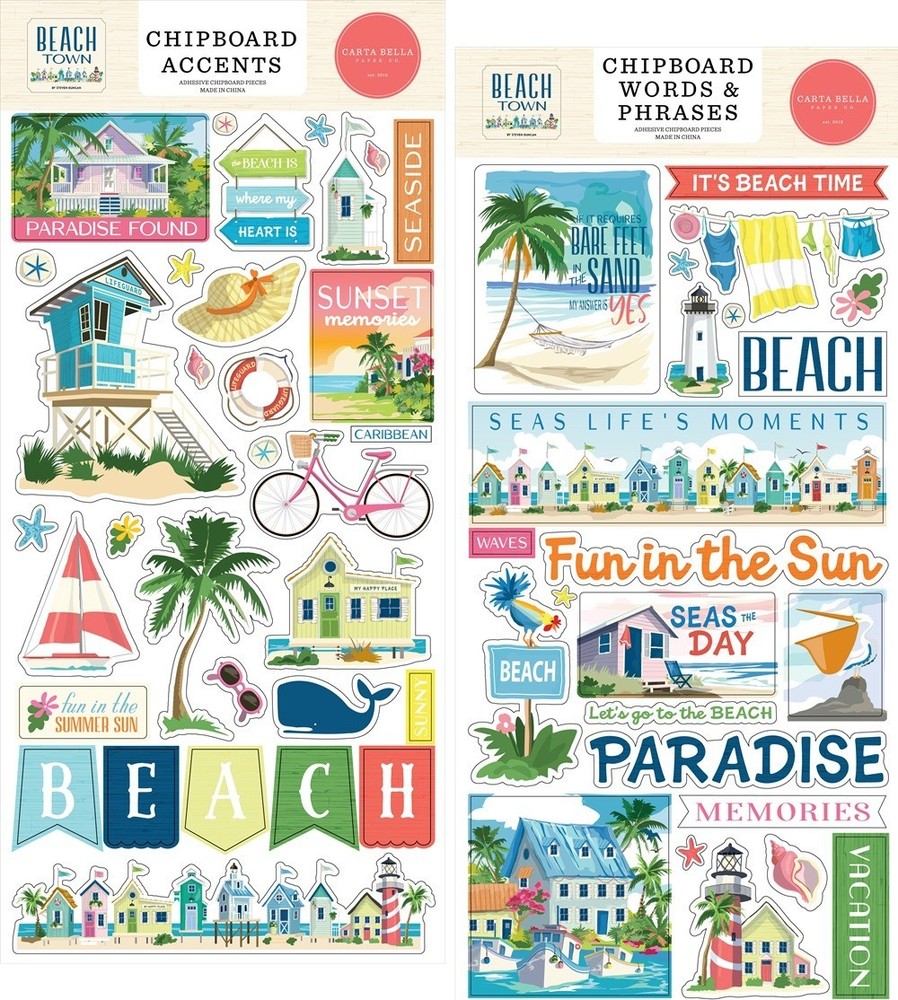 Carta Bella BEACH TOWN (2) 6″x13″ Chipboard COMBO Accents + Words Phrases