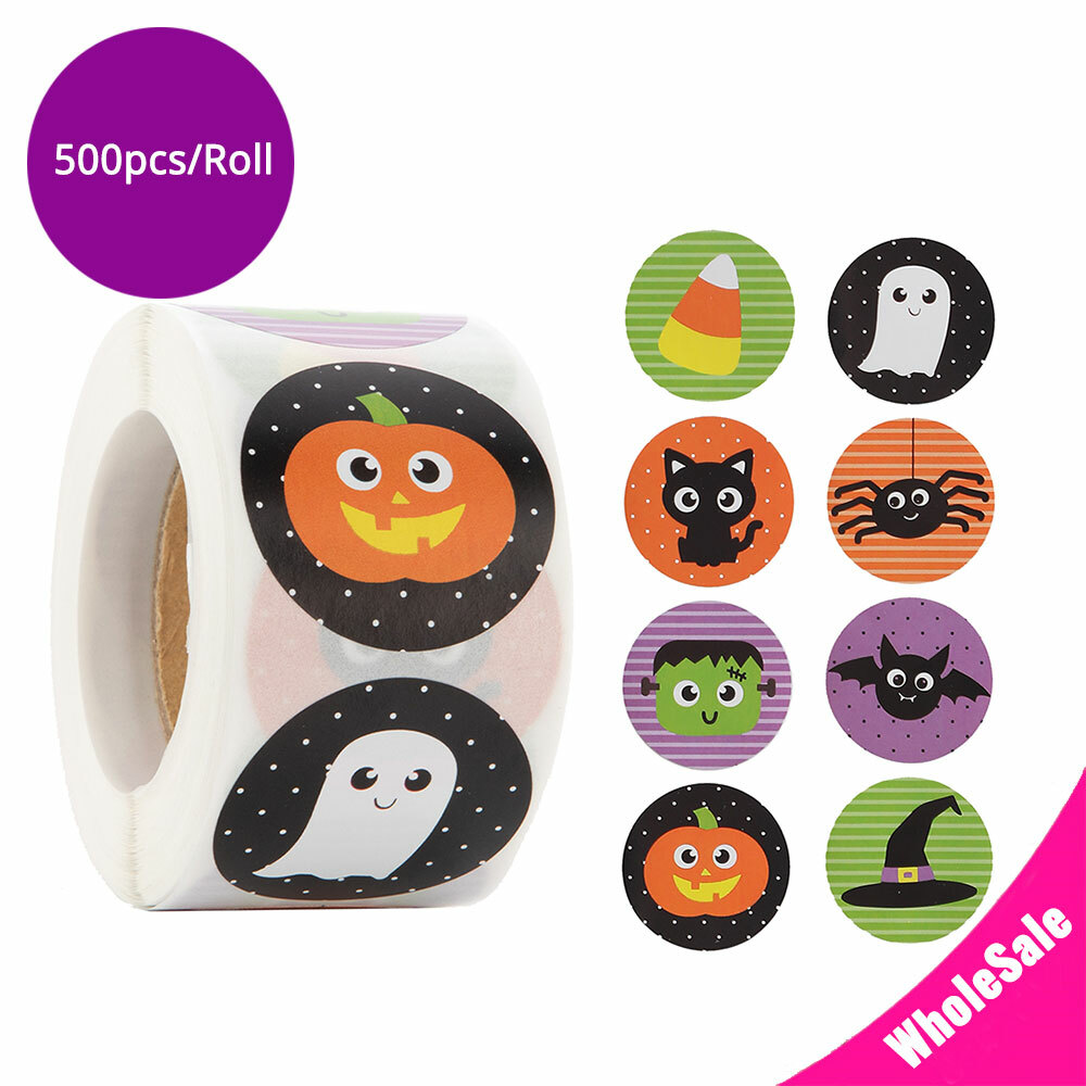 500pcs 1.5in 8 Designs Halloween Sticker Round Shaped Chrome Paper for Halloween