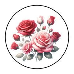 30 ROSES ENVELOPE SEALS STICKERS LABELS TAGS 1.5″ ROUND FLORAL FLOWERS PINK RED
