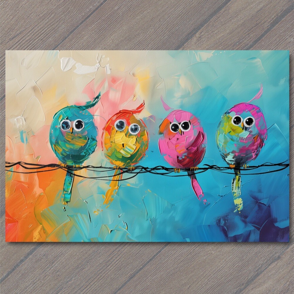 STICKER Birds On A Wire Cute Big Eyes Acrylic Painting Cartoon Style Colorful