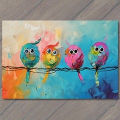 STICKER Birds On A Wire Cute Big Eyes Acrylic Painting Cartoon Style Colorful