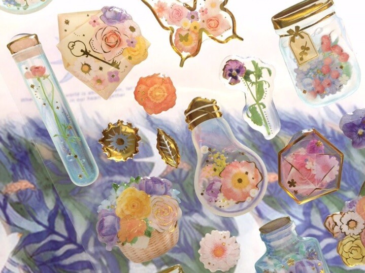 Puffy Gold Pressed Flower Sticker Sheet Scrapbook Junk Journal Girly