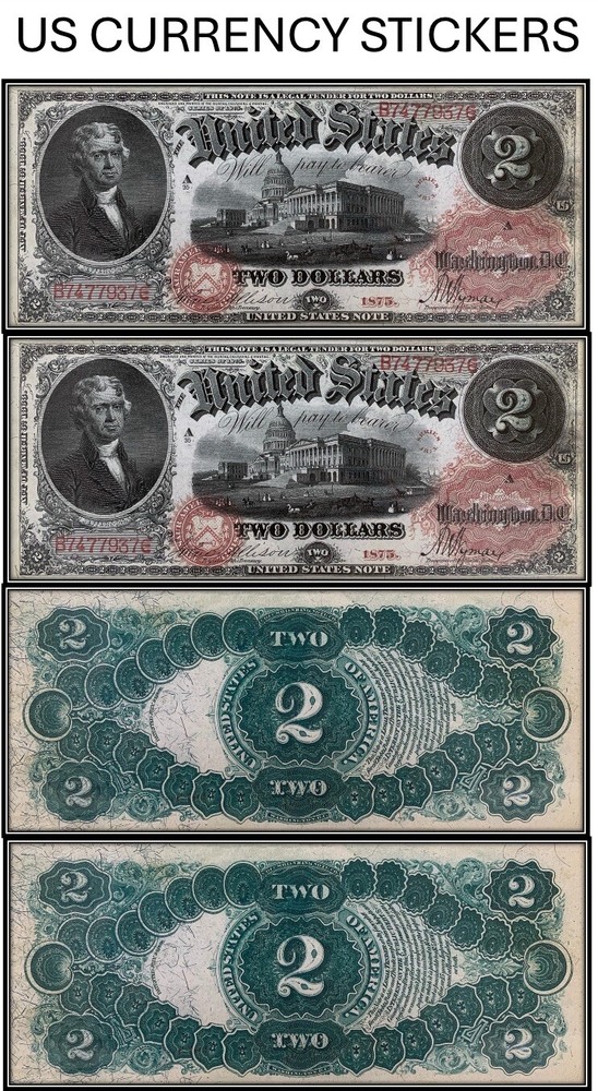 $2 Two Dollar 1875 Legal Tender Note (US CURRENCY STICKERS) (Lot Of 2)