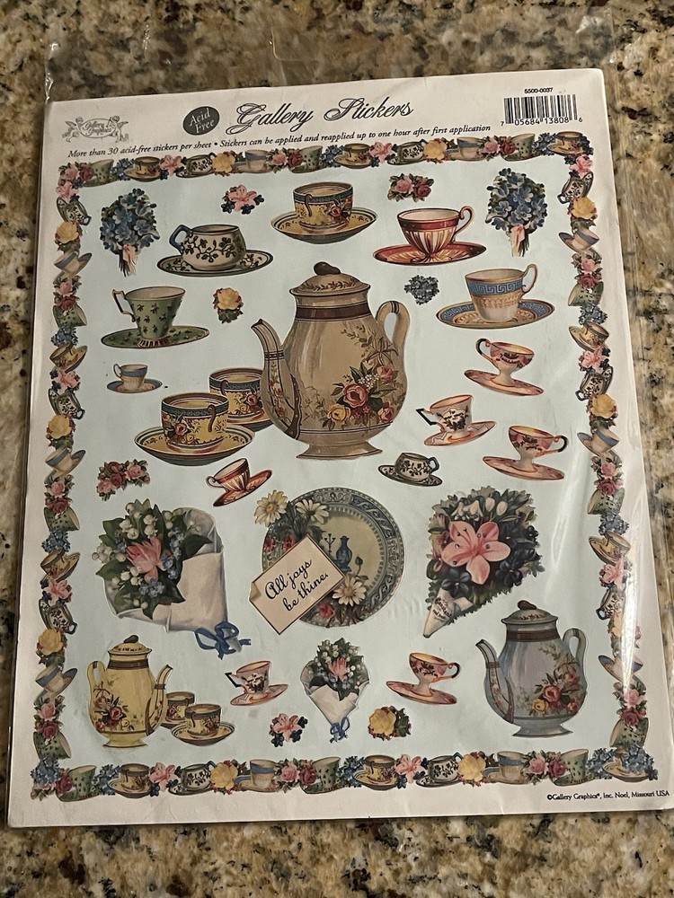 VINTAGE Gallery Graphics Tea Pots And Tea Cups 30 Piece Sticker Sheet Set New