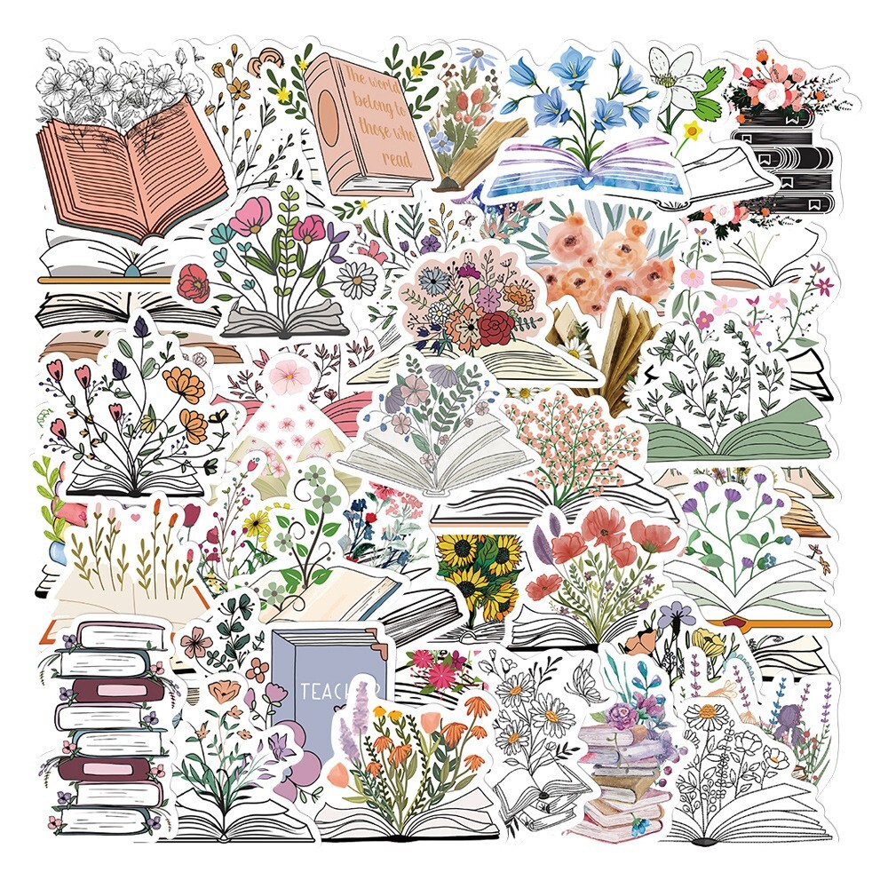 50pcs Book Lover Vinyl Stickers, Flower In The Book, Love Books, Reading, 024