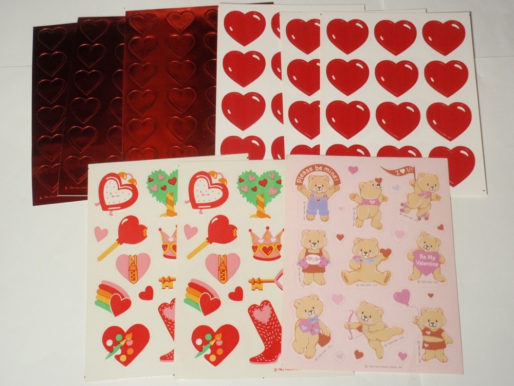 Lot 9 Sheets Vintage Hallmark Valentine Stickers: Hearts, Red Foil, Teddy Bear