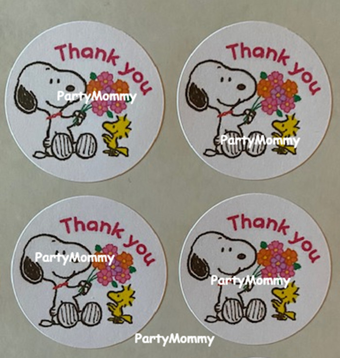 SNOOPY THANK YOU STICKERS, ENVELOPE SEALS, LABELS, 1.5″, (30) ROUND, TAGS