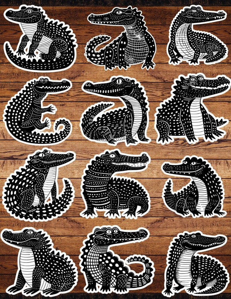 Black and White Crocodile Die Cut Stickers Set Scrapbooking Laptop Waterbottle