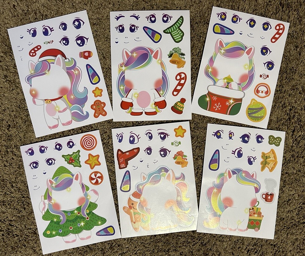 Lot of 6 Sheets Unicorn Christmas Paper Doll Stickers