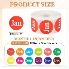 Month Labels Stickers 1 Inch, 12 Roll Round Monthly Labels 12 Months of the Year