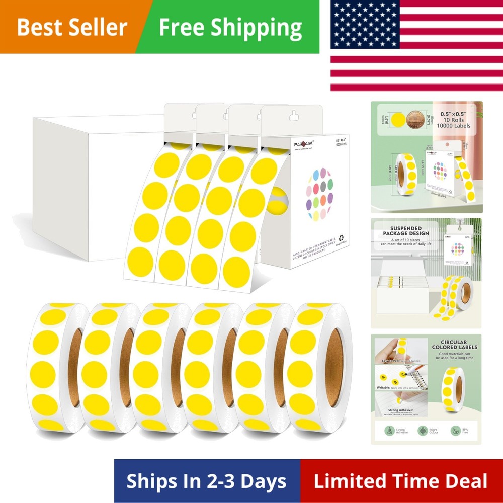10000pcs 1/2 Inch Diameter Round Color-Code Dot Stickers, 10 Rolls Adhesive Y…