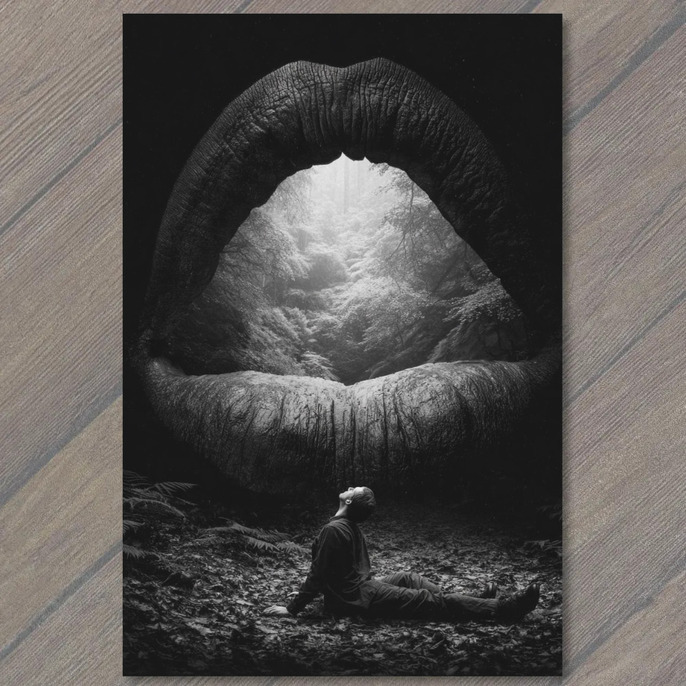 STICKER Surreal Giant Mouth Forest Dreamscape Black White Fantasy Atmosphere