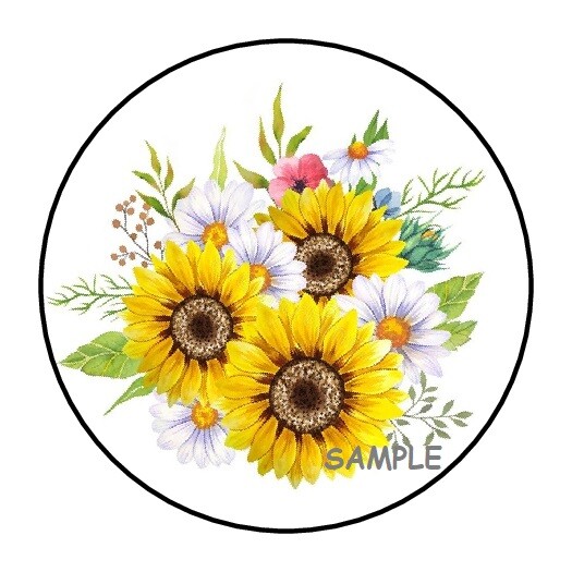 30 SUNFLOWERS ENVELOPE SEALS LABELS STICKERS 1.5″ ROUND FLORAL FLOWERS DAISY