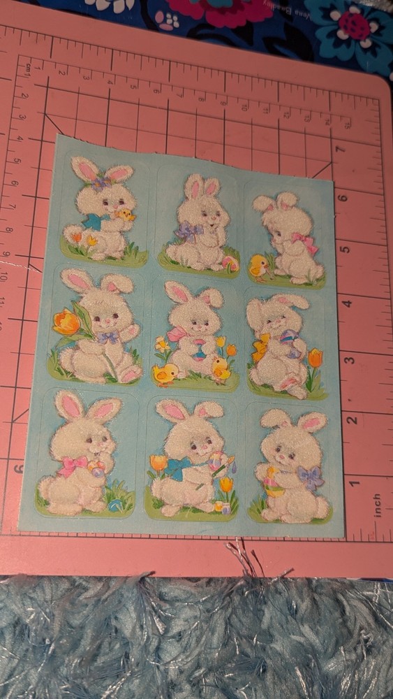 Vintage Gibson Stickers Fuzzy Bunnies Rabbits Easter 1 Sheet READ