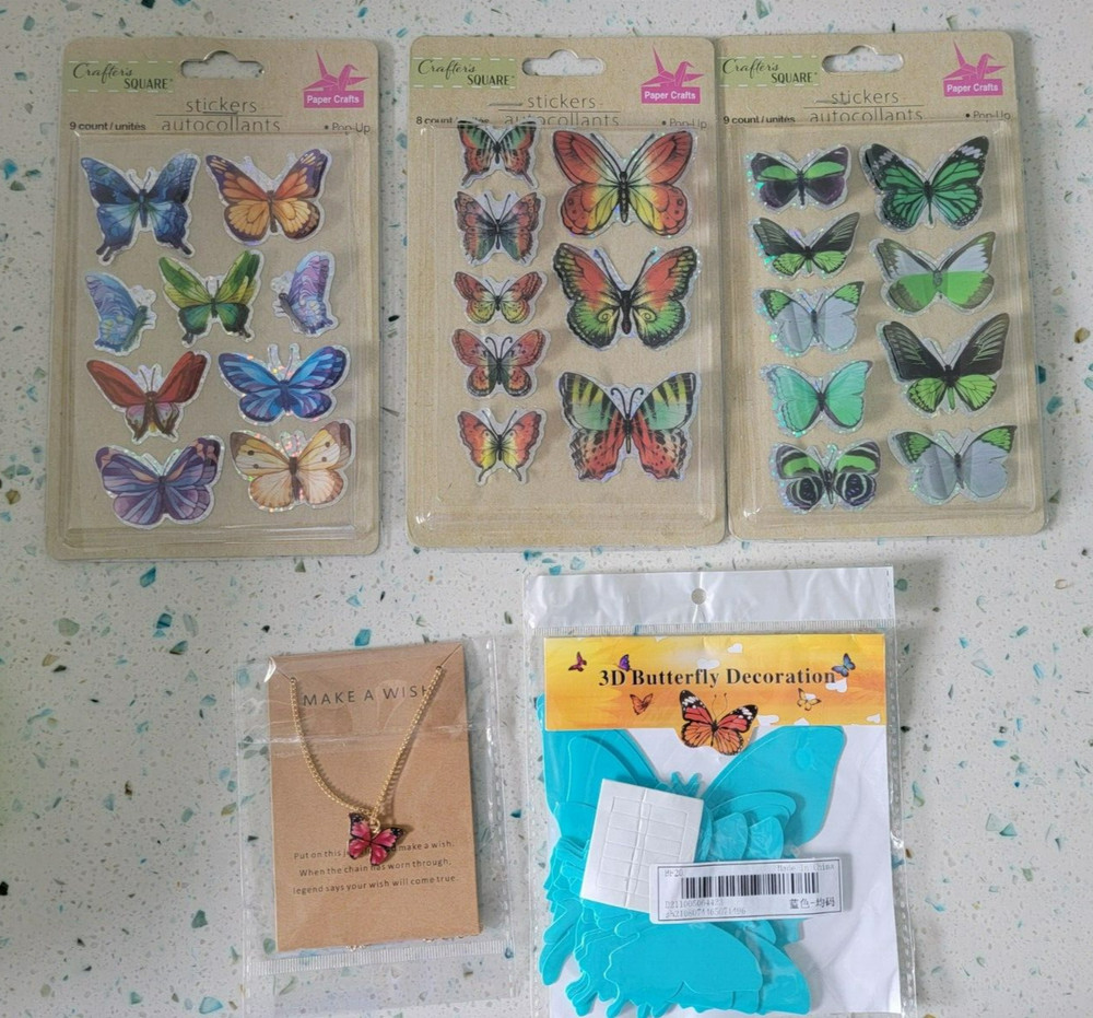 Crafter’s Square Butterfly Stickers Craft 48 total bonus butterfly necklace NEW