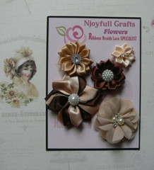 CHAMPAGNE LATTE BROWN 5 Flower Mix Organza Satin Handmade 25-60mm NJC HMI-1