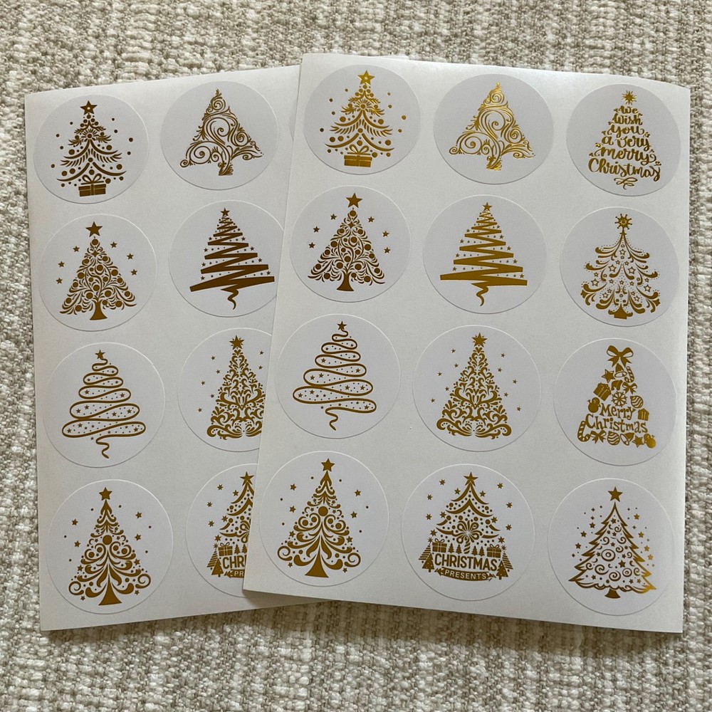 24 Gold Christmas Tree Stickers 1.5” Holiday Metallic Gold Foil Envelope Seals
