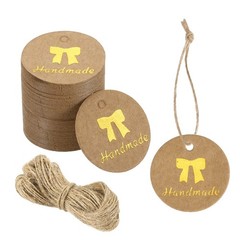 100 Pcs 1 Inch Handmade Gift Tags Round Paper Labels with String Brown