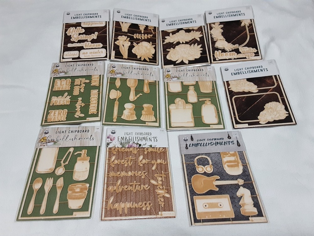 P13 Light Chipboard Embellishments Bundle 11 asst 4×6″ frame w/engraved pieces