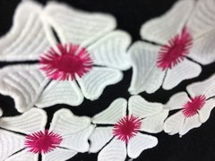CraftbuddyUS 10 x Lace Fabric Motifs with Pink Heart Flower Center 5cm