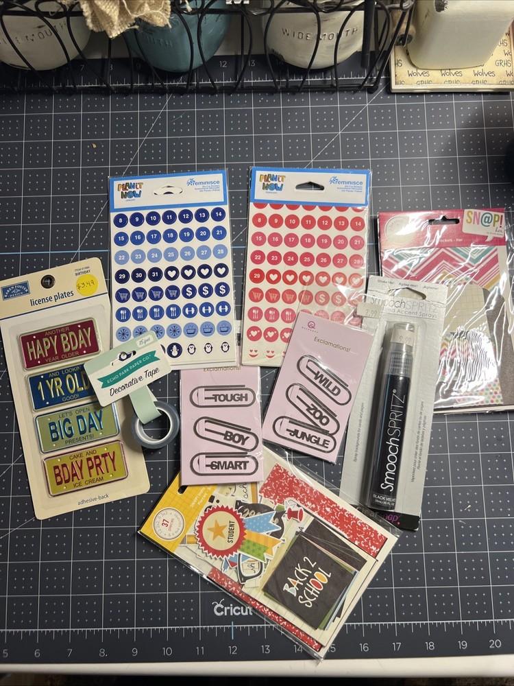 Mixed Lot of Scrapbooking Embellishments, Planner Stickers, Deco Tape, Clips,