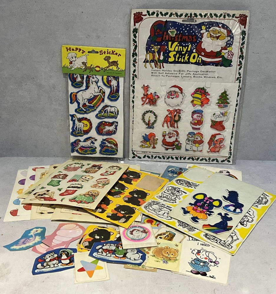 Vintage 1970s 1980s Sticker Lot Smurfs Care Bears Unicorns Hallmark Puffy