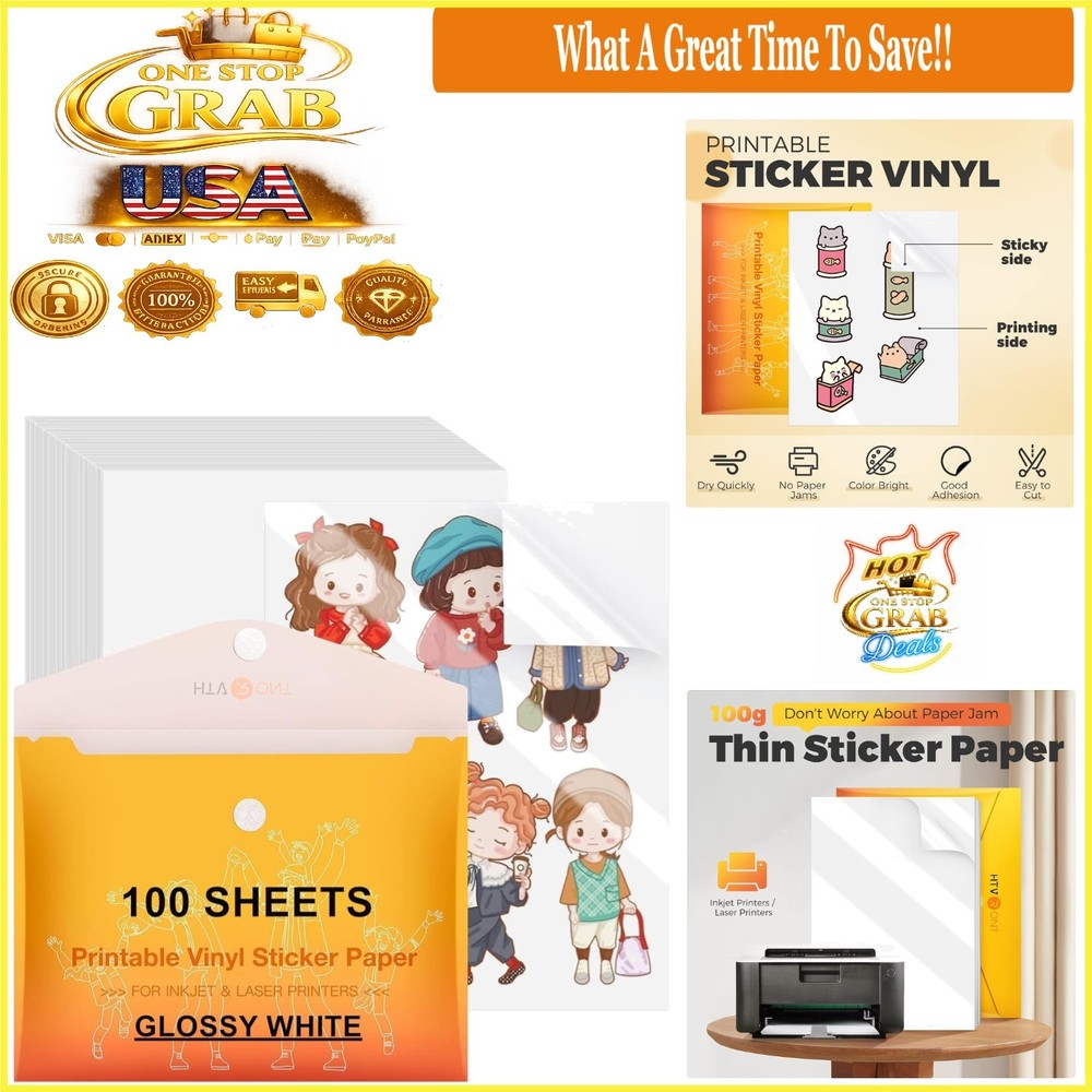 Printable Vinyl Sticker Paper 100 Sheets Glossy Waterproof Inkjet Compatible