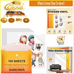 Printable Vinyl Sticker Paper 100 Sheets Glossy Waterproof Inkjet Compatible