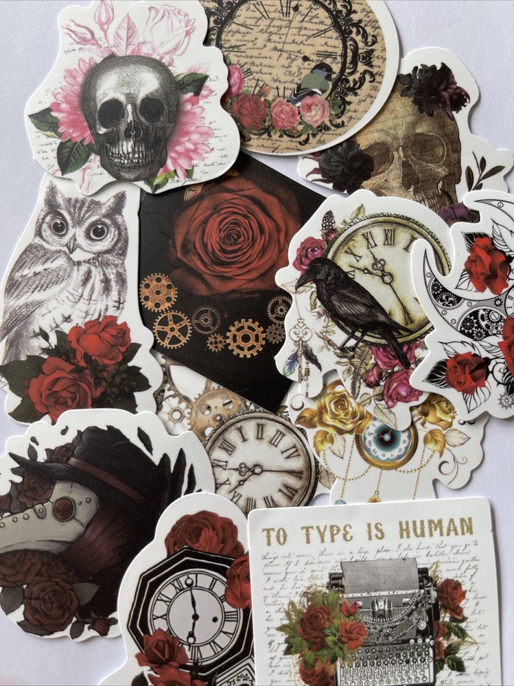 VICTORIAN ASSORTMENT Stickers(6pc)Steampunk•Skull •Roses•Clock•Flowers•Gears•