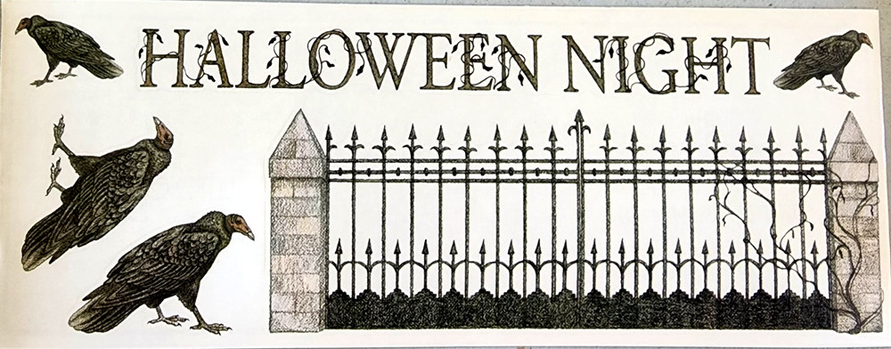 Vintage Halloween Clear Sticker 12″ Cemetery Gate Vultures NOS Tumblebeasts 2003