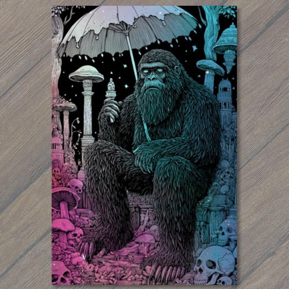 STICKER Bigfoot Holding Umbrella Forest Fantasy Artwork Psychedelic Weird Fun