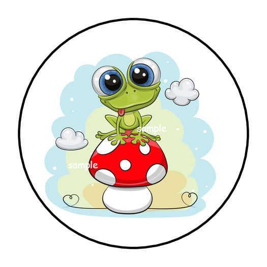 30 CUTE FROG ON MUSHROOM STICKERS ENVELOPE SEALS LABELS 1.5″ ROUND