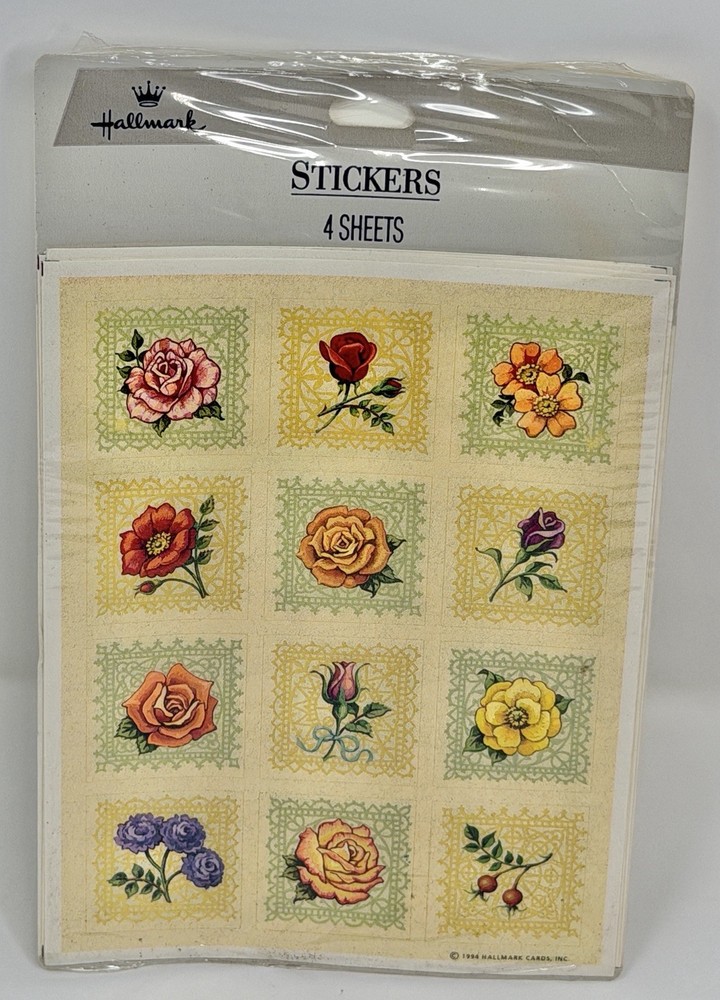 Vintage 90s Hallmark Rose Flower Stickers 4 Sheets New in Pack Floral