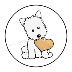 30 DOG WITH HEART IN MOUTH ENVELOPE SEALS LABELS STICKERS PARTY FAVORS 1.5″
