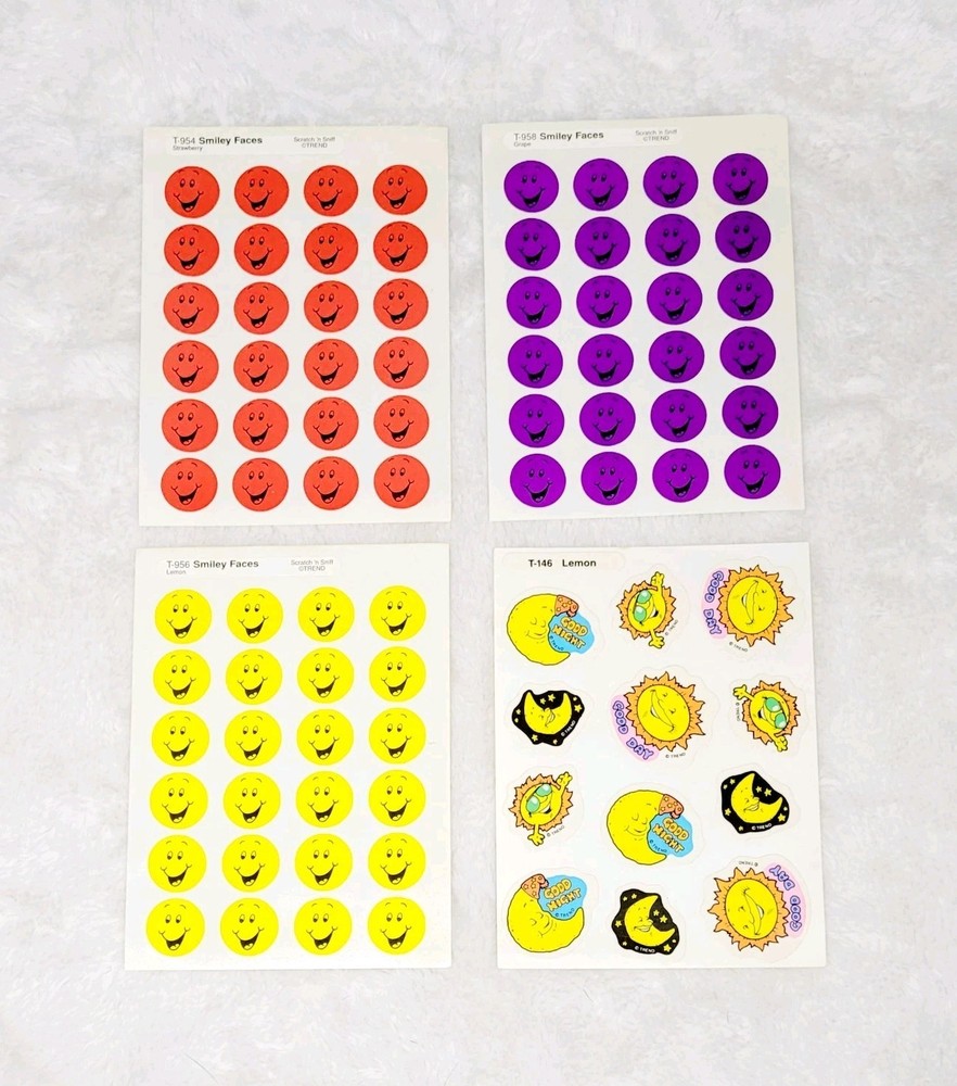 RARE Vtg Trend Scratch & Sniff Purple Red Yellow Smiley Face Lemon Sun Stickers