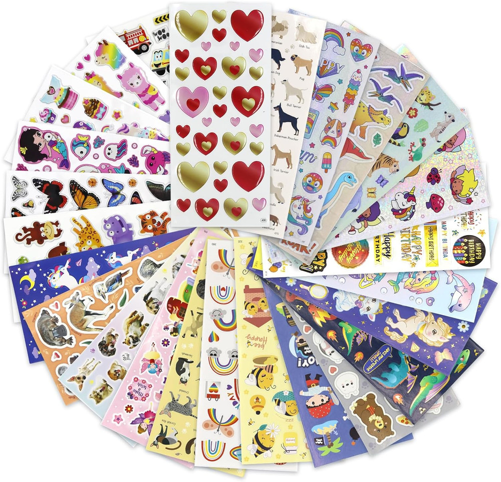 500+ Piece Kids Stickers Mix – Common, Holographic, Glitter Foil, 3D Puffy