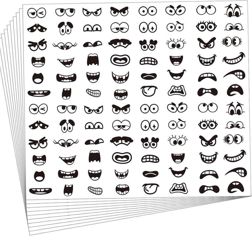 960Pcs Black Eye Mouth Stickers, 48 Designs Cartoon Face Expression Stickers for