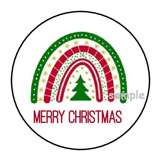 30 MERRY CHRISTMAS ENVELOPE SEALS LABELS STICKERS 1.5″ ROUND RAINBOW TREE BOHO