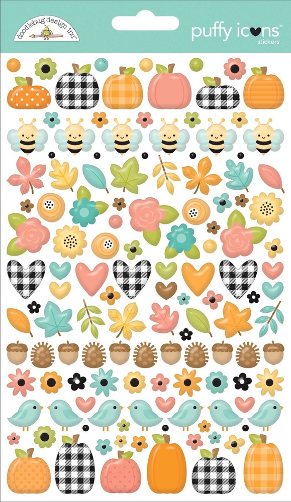 Crafts Stickers Puffy Doodlebug Farmhouse Fall Leaves Pumpkins Bees Flowers Bird