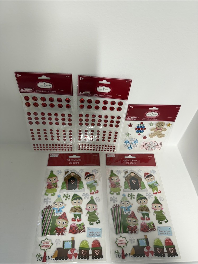 Mixed Lot Of 5 Christmas stickers Trim A Home Gem Decal & Unbranded Elf