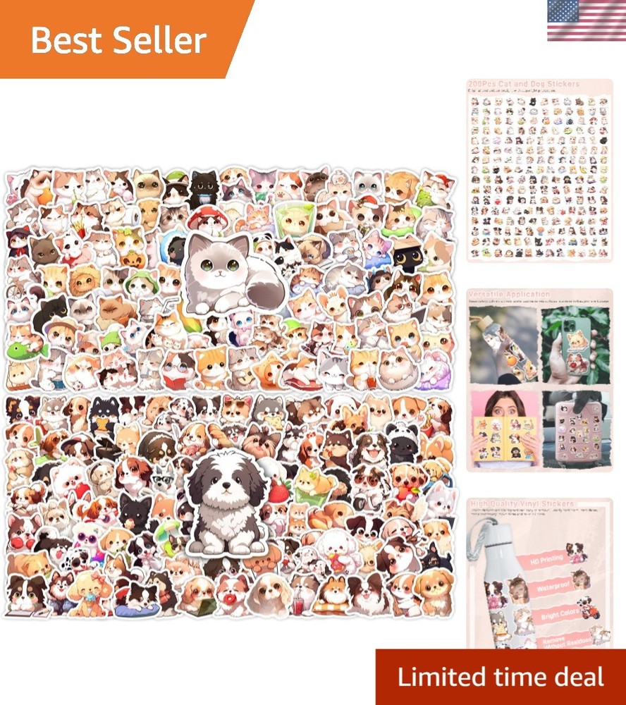 200 Pcs Cute Cartoon Cat and Dog Stickers Pack for Kids Adults | Kawaii Pet C…
