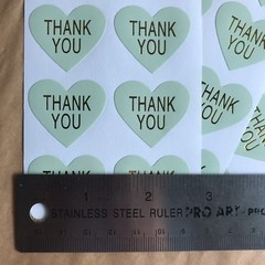 50 Heart Thank You Stickers On Glossy Mint Paper With Gold Lettering