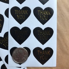 50 Heart Shaped Thank You Stickers On Glossy Black Paper With Gold Lettering