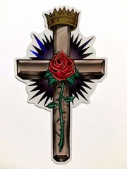 Mr Cartoon Cross Sticker Crown Rose w/ Thorns Iridescent Vending Decal Religious