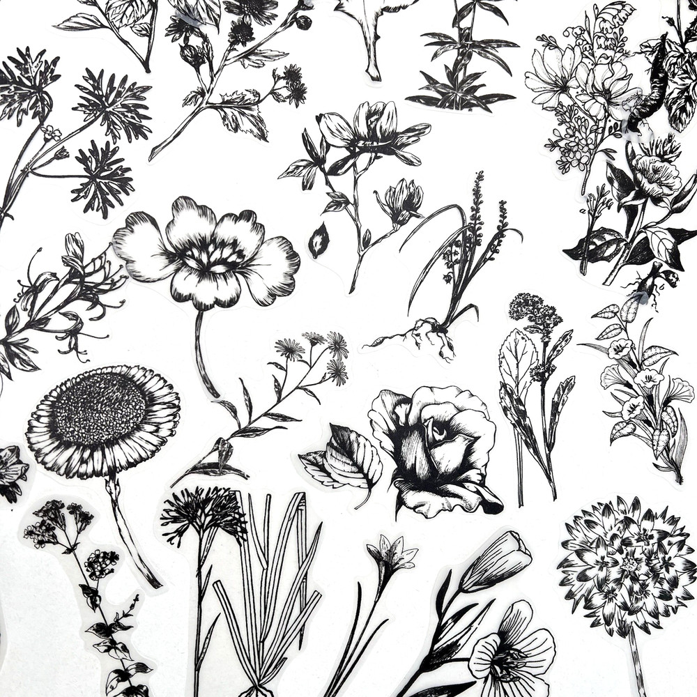 Botanical Flower Vellum Stickers 60 pcs Black White Junk Journaling Collage