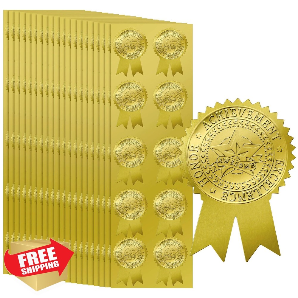 200 Pcs Ribbon Embossed Seals Gold Foil Certificate Seals Stickers