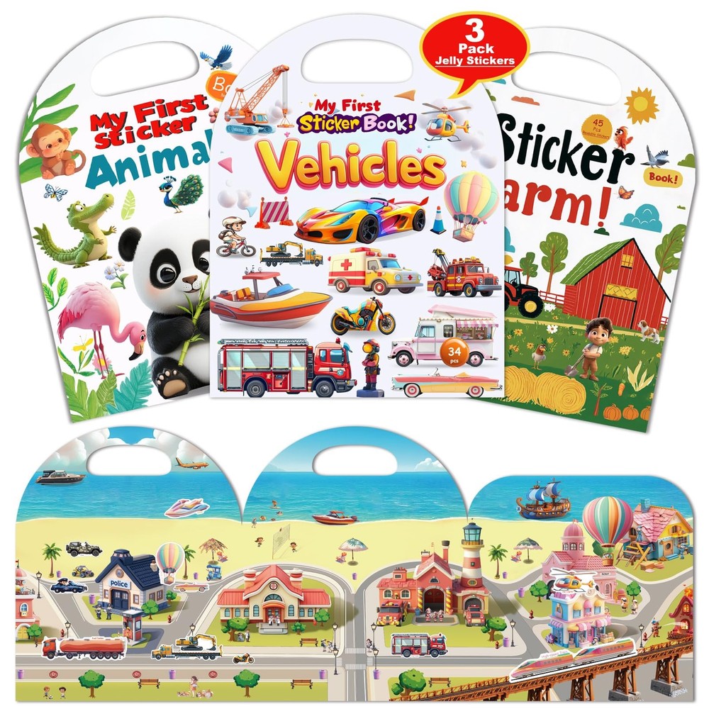 3-Pack Reusable Sticker Books for Toddlers 2-4 Years, Vehicles Truck, Animals…